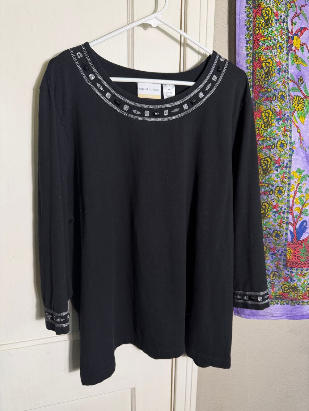 Alfred Dunner Black Embellished Tunic Top Rhinestone 3/4 Sleeve - Size 3X